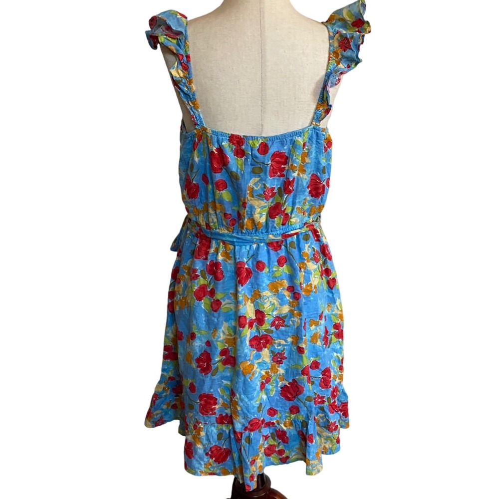 LC Lauren Conrad Summer Picnic Blue Red Floral Faux‎ Wrap Ruffle Dress M EUC - Picture 11 of 16